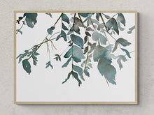 Load image into Gallery viewer, 9” x 12” original watercolor botanical nature painting of tree branches and leaves in an expressive, impressionist, minimalist, modern style by contemporary fine artist Elizabeth Becker. Soft monochromatic blue green and white colors.
