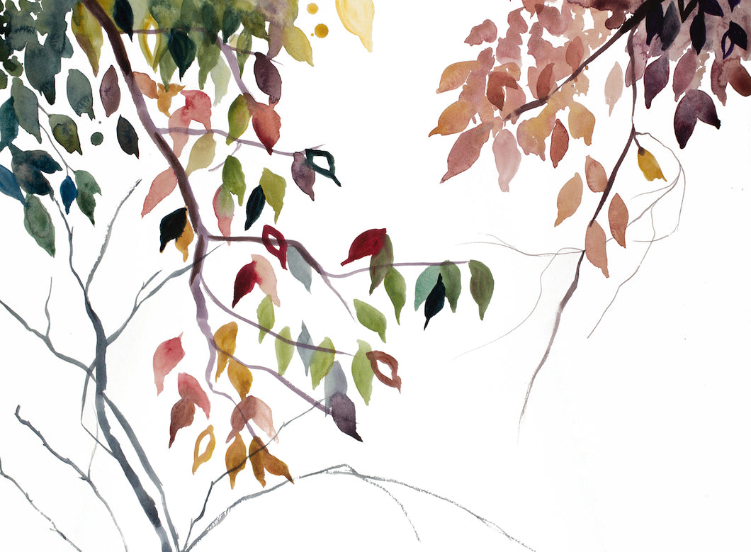 18” x 24” original watercolor botanical nature painting of autumn leaves and branches in an expressive, impressionist, minimalist, modern style by contemporary fine artist Elizabeth Becker