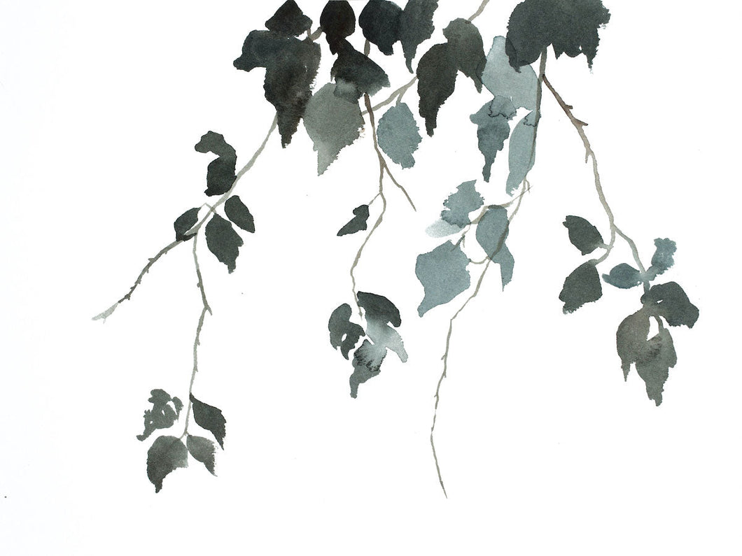9” x 12” original watercolor botanical nature painting of tree branches and leaves in an expressive, impressionist, minimalist, modern style by contemporary fine artist Elizabeth Becker. Soft monochromatic muted blue green, gray and white colors.