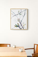Load image into Gallery viewer, 16” x 20” original watercolor botanical cherry blossom floral painting in an expressive, impressionist, minimalist, modern style by contemporary fine artist Elizabeth Becker. Soft muted pale blue green, gray and white colors.
