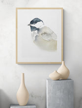 Load image into Gallery viewer, 5” x 7” original watercolor wildlife nature chickadee painting in an ethereal, expressive, impressionist, minimalist, modern style by contemporary fine artist Elizabeth Becker
