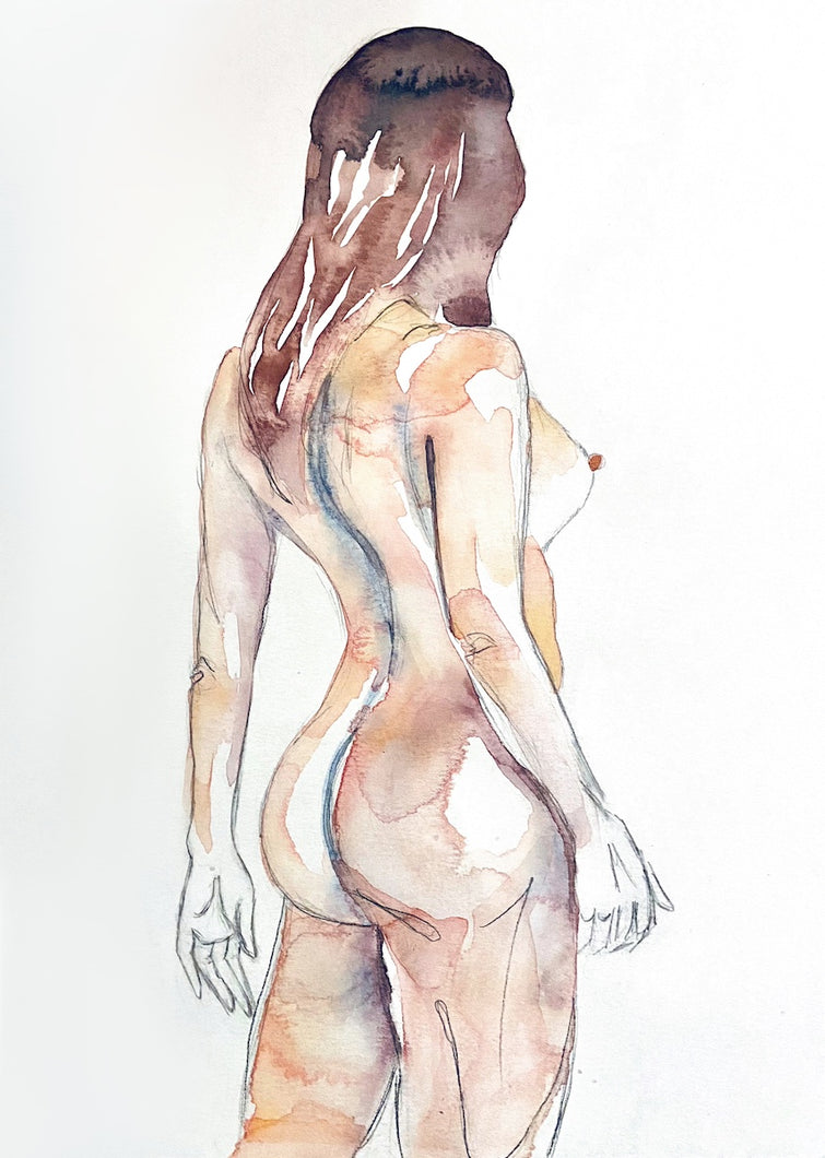 Commission a custom nude figure watercolor painting by contemporary artist Elizabeth Becker in an expressive, impressionist, minimalist, modern style.