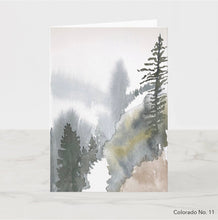 Load image into Gallery viewer, Greeting card featuring print of watercolor painting by contemporary artist Elizabeth Becker. Blank inside for any occasion. Abstract landscape. Foggy pines mountain scene. Expressive, impressionist, minimalist, modern. Dark forest green and white colors.  Loose, expressive, minimalist, modern watercolor art.
