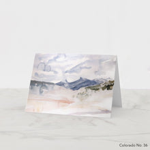 Load image into Gallery viewer, Greeting card featuring print of watercolor painting by contemporary artist Elizabeth Becker. Blank inside for any occasion. Abstract landscape. Foggy Colorado mountain scene. Expressive, impressionist, minimalist, modern. Soft blue, gray, olive green, peach and white colors. Loose, expressive, minimalist, modern watercolor art.
