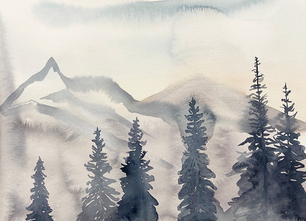 9” x 12” original watercolor abstract Colorado mountains labdscape painting in an ethereal, expressive, impressionist, minimalist, modern style by contemporary fine artist Elizabeth Becker