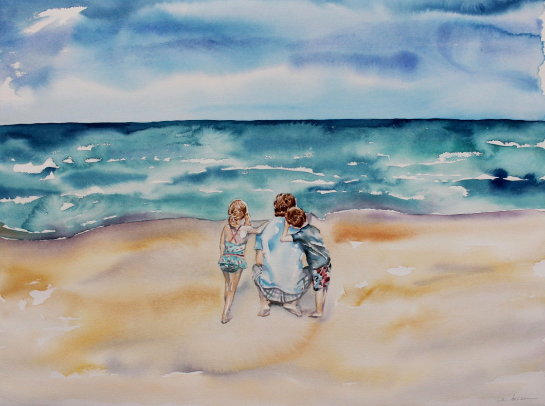 Commission a custom family portrait / figure and beach landscape watercolor painting by contemporary artist Elizabeth Becker in an expressive, impressionist, minimalist, modern style.