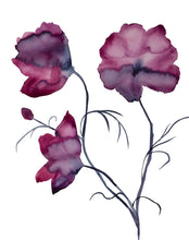 Load image into Gallery viewer, 16” x 20” original watercolor botanical cosmo flowers painting in an expressive, loose, watery, minimalist, modern style by contemporary fine artist Elizabeth Becker. Muted monochromatic moody dark magenta purple, burgundy, maroon red and black colors on white background. 
