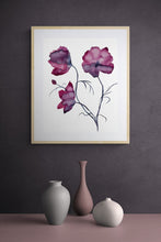 Load image into Gallery viewer, 16” x 20” original watercolor botanical cosmo flowers painting in an expressive, loose, watery, minimalist, modern style by contemporary fine artist Elizabeth Becker. Muted monochromatic moody dark magenta purple, burgundy, maroon red and black colors on white background. Framed in a room.
