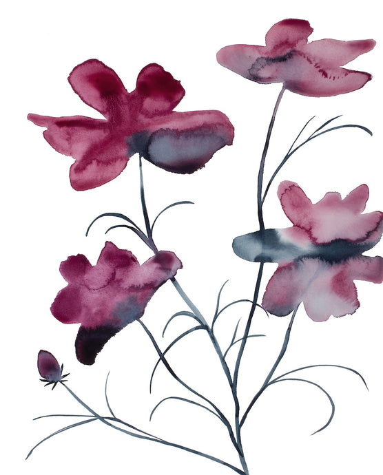 16” x 20” original watercolor botanical cosmo flowers painting in an expressive, loose, watery, minimalist, modern style by contemporary fine artist Elizabeth Becker. Muted monochromatic moody maroon red, burgundy purple and black colors on white background. 
