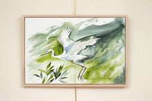 Load image into Gallery viewer, 24” x 36&quot; original watercolor painting on canvas in 26&quot; x 38&quot; natural maple solid wood floater frame. Large-scale expressive flying bird, white egret, crane or water bird in marsh. Expressive, impressionist, loose, watery, flowing, ethereal, minimalist, modern, moody style by contemporary fine artist Elizabeth Becker. Animal with loose abstract painterly drips. Monochromatic olive green, blue-green, dark turquoise, teal and white colors.
