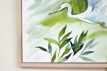 Load image into Gallery viewer, 24” x 36&quot; original watercolor painting on canvas in 26&quot; x 38&quot; natural maple solid wood floater frame. Large-scale expressive flying bird, white egret, crane or water bird in marsh. Expressive, impressionist, loose, watery, flowing, ethereal, minimalist, modern, moody style by contemporary fine artist Elizabeth Becker. Animal with loose abstract painterly drips. Monochromatic olive green, blue-green, dark turquoise, teal and white colors.
