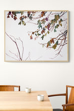 Load image into Gallery viewer, 16” x 20” original watercolor botanical nature painting of autumn leaves and branches in an expressive, impressionist, minimalist, modern style by contemporary fine artist Elizabeth Becker. Neutral muted soft monochromatic purple, green and gold colors.
