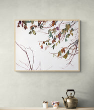 Load image into Gallery viewer, 16” x 20” original watercolor botanical nature painting of autumn leaves and branches in an expressive, impressionist, minimalist, modern style by contemporary fine artist Elizabeth Becker. Neutral muted soft monochromatic purple, green and gold colors.
