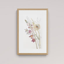 Load image into Gallery viewer, 9.75” x 16” original watercolor botanical floral bouquet painting in an expressive, impressionist, minimalist, modern style by contemporary fine artist Elizabeth Becker. Mauve purple snapdragons and pale yellow daisy.
