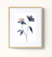 Load image into Gallery viewer, 9&quot; x 12&quot; original watercolor botanical flower painting in an expressive, loose, watery, minimalist, modern style by contemporary fine artist Elizabeth Becker. Prints available. Soft muted peach and payne&#39;s gray colors with white background. Framed.
