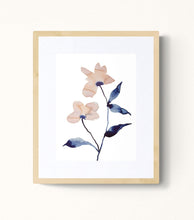 Load image into Gallery viewer, 9&quot; x 12&quot; original watercolor botanical flower painting in an expressive, loose, watery, minimalist, modern style by contemporary fine artist Elizabeth Becker. Prints available. Soft muted peach, navy blue and payne&#39;s gray colors with white background. Framed.

