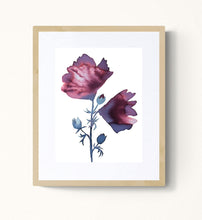 Load image into Gallery viewer, 9&quot; x 12&quot; original watercolor botanical flower painting in an expressive, loose, watery, minimalist, modern style by contemporary fine artist Elizabeth Becker. Prints available. Monochromated burgundy purple, maroon red, gray and white colors. Framed.
