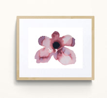 Load image into Gallery viewer, 9&quot; x 12&quot; original watercolor botanical flower painting in an expressive, loose, watery, minimalist, modern style by contemporary fine artist Elizabeth Becker. Prints available. Monochromatic muted dark pink, mauve purple, black and white colors. Framed.
