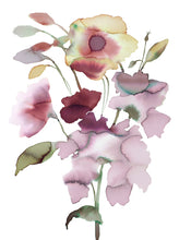Load image into Gallery viewer, 11&quot; x 15&quot; original watercolor botanical floral bouquet painting in an expressive, loose, watery, minimalist, modern style by contemporary fine artist Elizabeth Becker. Prints available. Muted soft mauve, lavender purple, pale yellow, dark maroon red, olive green and white colors.
