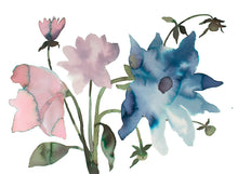 Load image into Gallery viewer, 11&quot; x 15&quot; original watercolor botanical floral bouquet painting in an expressive, loose, watery, minimalist, modern style by contemporary fine artist Elizabeth Becker. Prints available. Dark blue, soft pink, muted purple, dark green and white colors.
