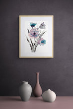 Load image into Gallery viewer, 11&quot; x 15&quot; original watercolor botanical tulips floral bouquet painting in an expressive, loose, watery, minimalist, modern style by contemporary fine artist Elizabeth Becker. Prints available. Monochromatic muted soft purple, dark blue, gray, black and white colors. Framed.
