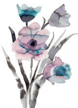 Load image into Gallery viewer, 11&quot; x 15&quot; original watercolor botanical tulips floral bouquet painting in an expressive, loose, watery, minimalist, modern style by contemporary fine artist Elizabeth Becker. Prints available. Monochromatic muted soft purple, dark blue, gray, black and white colors.
