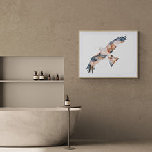 Load image into Gallery viewer, 22.5” x 30” original watercolor painting of flying red-tailed hawk in an ethereal, expressive, impressionist, minimalist, modern style by contemporary fine artist Elizabeth Becker. Large-scale soaring bird in flight. Watery monochromatic soft brown, black and white colors.
