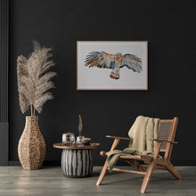 Load image into Gallery viewer, 26” x 40” original watercolor painting of flying red-tailed hawk. Bird of prey. Large-scale wildlife nature animal illustration in an expressive, minimalist, modern style by contemporary fine artist Elizabeth Becker. Monochromatic neutral brown, burnt sienna, black and white colors.
