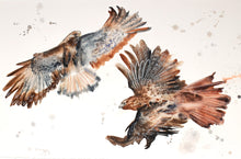 Load image into Gallery viewer, 26” x 40” original watercolor painting of birds of prey. Pair of two flying red-tailed hawks. Large-scale wildlife nature animal illustration in an expressive, minimalist, modern style by contemporary fine artist Elizabeth Becker. Monochromatic neutral brown, burnt sienna, black and white colors.
