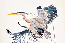 Load image into Gallery viewer, 11” x 14" original hand embroidery on canvas. Expressive flying great blue heron fiber art, in an intricate, meticulous, loose, sketch-like, minimalist, modern style with loose hanging threads by contemporary fine artist Elizabeth Becker. Monochromatic dark blue, gray and white colors.
