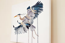 Load image into Gallery viewer, 11” x 14" original hand embroidery on canvas. Expressive flying great blue heron fiber art, in an intricate, meticulous, loose, sketch-like, minimalist, modern style with loose hanging threads by contemporary fine artist Elizabeth Becker. Monochromatic dark blue, gray and white colors.
