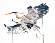Load image into Gallery viewer, 11” x 14" original hand embroidery on canvas. Expressive flying great blue heron fiber art, in an intricate, meticulous, loose, sketch-like, minimalist, modern style with loose hanging threads by contemporary fine artist Elizabeth Becker. Monochromatic dark blue, gray and white colors.
