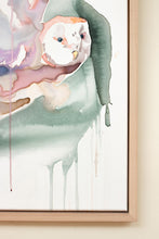 Load image into Gallery viewer, 24” x 36&quot; original watercolor painting on canvas in 26&quot; x 38&quot; natural maple solid wood floater frame. Large-scale expressive flying barn owl bird. Expressive, impressionist, loose, watery, flowing, ethereal, minimalist, modern style by contemporary fine artist Elizabeth Becker. Woodland animal with loose abstract painterly drips. Soft peach, pink, dark green and white colors.
