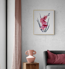 Load image into Gallery viewer, 16&quot; x 20&quot; original watercolor botanical gladiolus flowers painting in an expressive, loose, watery, abstract, minimalist, modern style by contemporary fine artist Elizabeth Becker. Prints available. Monochromatic red, pink, peach, black, gray and white colors. Framed.
