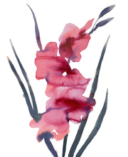 Load image into Gallery viewer, 16&quot; x 20&quot; original watercolor botanical gladiolus flowers painting in an expressive, loose, watery, abstract, minimalist, modern style by contemporary fine artist Elizabeth Becker. Prints available. Monochromatic red, pink, peach, black, gray and white colors.
