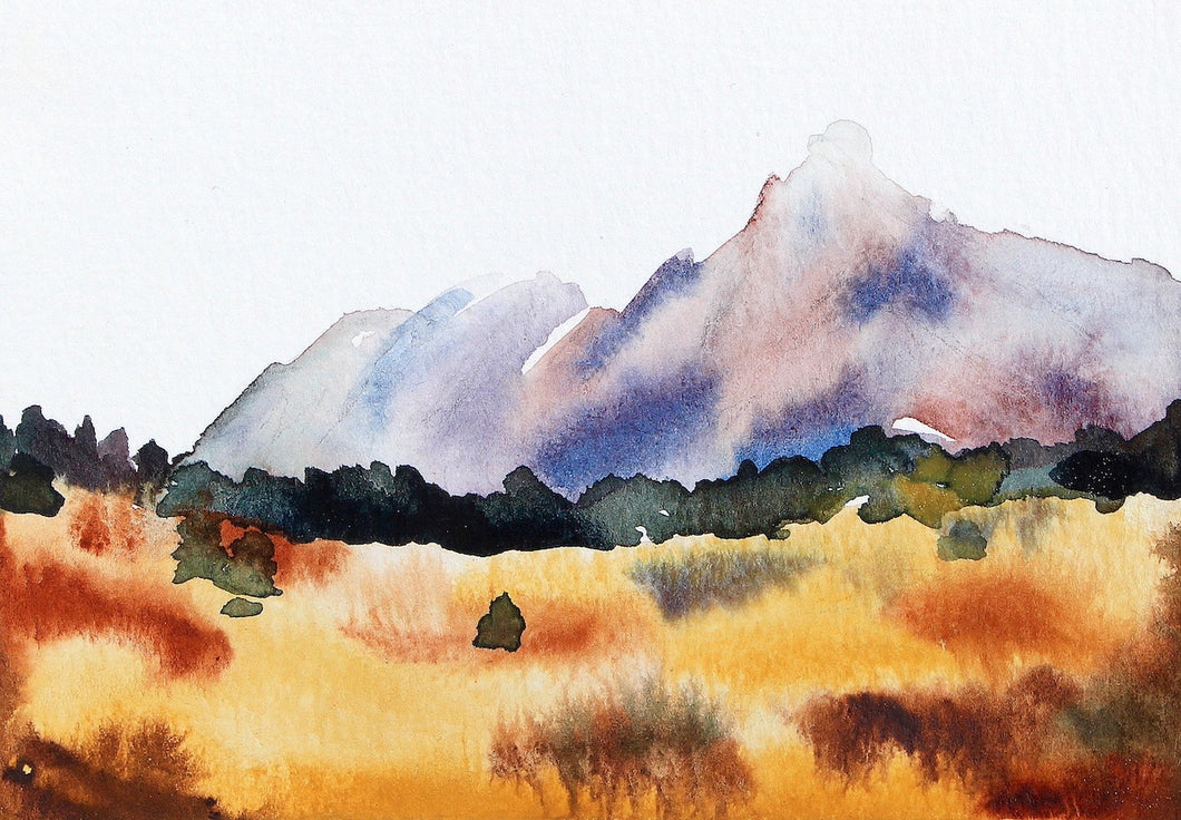 3.5” x 5” original watercolor abstract golden field and mountain landscape painting in an expressive, impressionist, minimalist, modern style by contemporary fine artist Elizabeth Becker