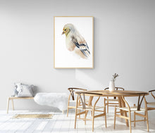 Load image into Gallery viewer, 5” x 7” original watercolor goldfinch painting in an ethereal, expressive, impressionist, minimalist, modern style by contemporary fine artist Elizabeth Becker
