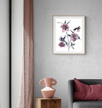 Load image into Gallery viewer, 16&quot; x 20&quot; original watercolor botanical hellebore flowers painting in an expressive, loose, watery, minimalist, modern style by contemporary fine artist Elizabeth Becker. Prints available. Monochromatic muted burgundy purple, black and white colors. Framed in a room.
