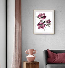Load image into Gallery viewer, 16&quot; x 20&quot; original watercolor ink botanical hellebore flowers painting in an expressive, loose, watery, minimalist, modern style by contemporary fine artist Elizabeth Becker. Prints available. Monochromatic mulberry, maroon, burgundy, fuchsia, black and white colors. Framed in a room.

