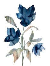 Load image into Gallery viewer, Commission custom hellebore flowers watercolor paintings by contemporary artist Elizabeth Becker in an expressive, impressionist, minimalist, modern style. Monochromatic blue and green colors.
