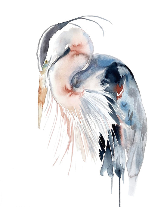 16” x 20” original watercolor wildlife great blue heron, egret or crane painting in an expressive, impressionist, minimalist, modern style by contemporary fine artist Elizabeth Becker. Soft peach, blue, black and white colors.