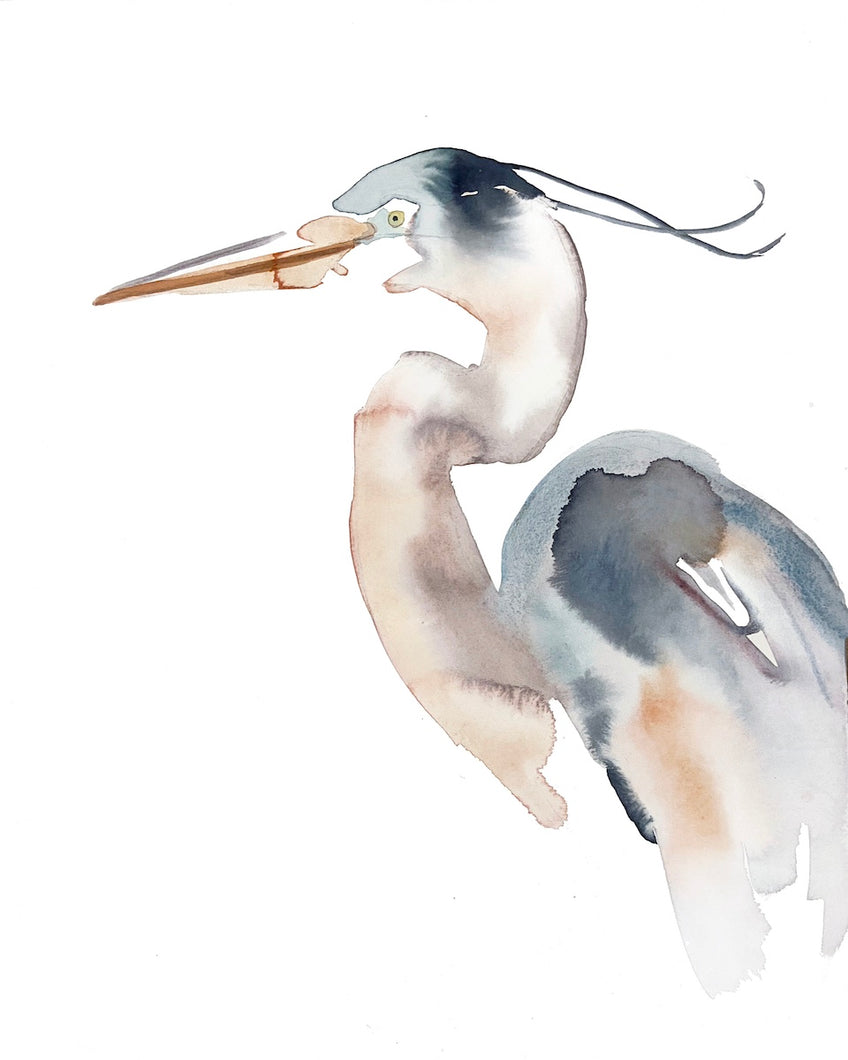 16” x 20” original watercolor wildlife great blue heron, egret or crane painting in an expressive, impressionist, minimalist, modern style by contemporary fine artist Elizabeth Becker