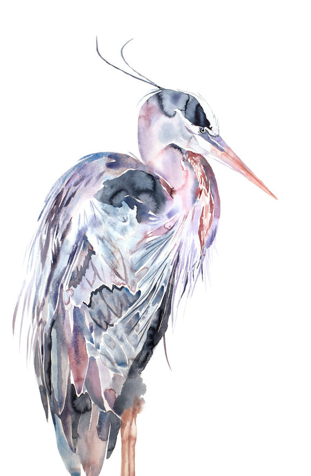 26” x 39.75” original large-scale watercolor wildlife great blue heron, egret or crane painting in an expressive, impressionist, minimalist, modern, asian style by contemporary fine artist Elizabeth Becker. Soothing, serene, peaceful, calming wildlife painting. Blush pink, payne's gray, black and white colors. Prints available. 