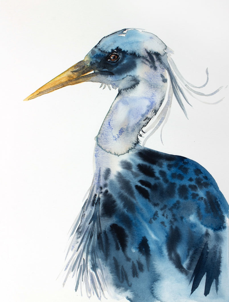 9” x 12” original watercolor wildlife nature painting. Great blue heron, crane or egret bird portrait in a loose, expressive, impressionist, minimalist, modern style by contemporary fine artist Elizabeth Becker. Monochromatic dark blue, black, gray, soft yellow ochre and white colors.