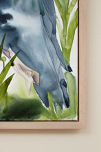 Load image into Gallery viewer, 24” x 36&quot; original watercolor painting on canvas in 26&quot; x 38&quot; natural maple solid wood floater frame. Large-scale expressive Great Blue Heron water bird standing in marsh or lake. Expressive, impressionist, loose, watery, flowing, painterly, abstract, minimalist, modern, moody style by contemporary fine artist Elizabeth Becker. Monochromatic olive green, dark blue and white colors.
