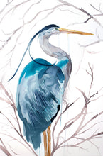 Load image into Gallery viewer, 24" x 36" original watercolor painting on canvas of standing heron, crane or egret with tree branches. Varnished and ready-to-hang. Expressive, impressionist, loose, watery, ethereal, minimalist, modern style by contemporary fine artist Elizabeth Becker. Prints available. Soft teal blue, turquoise, gray and white colors.
