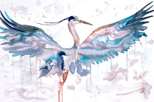 Load image into Gallery viewer, 24" x 36" original watercolor painting on canvas of flying heron, crane or egret with spread open wings. Varnished and ready-to-hang. Expressive, impressionist, loose, watery, ethereal, minimalist, modern style by contemporary fine artist Elizabeth Becker. Drips and splatters. Prints available. Soft teal blue, turquoise, peach, light pink and white colors.
