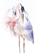 Load image into Gallery viewer, 11” x 15” original watercolor wildlife great blue heron, egret or crane painting in an expressive, impressionist, minimalist, modern style by contemporary fine artist Elizabeth Becker. Soft pastel pink, peach, lavender purple, black and white colors.
