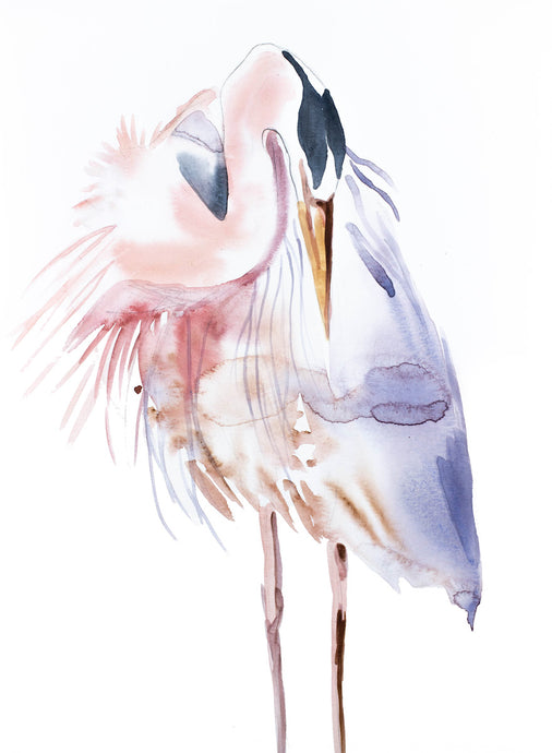 11” x 15” original watercolor wildlife great blue heron, egret or crane painting in an expressive, impressionist, minimalist, modern style by contemporary fine artist Elizabeth Becker. Soft pastel pink, peach, lavender purple, black and white colors.