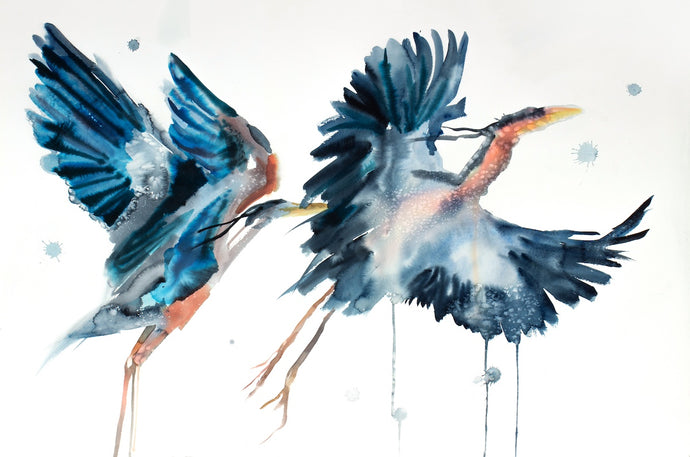 26” x 40” original watercolor painting of great blue herons / cranes / egrets. Pair of two flying birds with splatters. Large-scale abstract wildlife nature animal illustration in a loose, expressive, minimalist, modern style by contemporary fine artist Elizabeth Becker. 